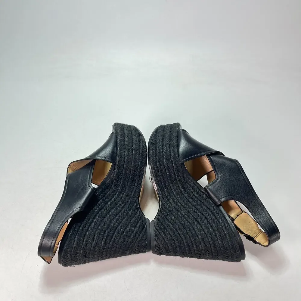 Michael Kors Black Leather Espadrille Platform Wedge Sandals Women's Size 5.5M